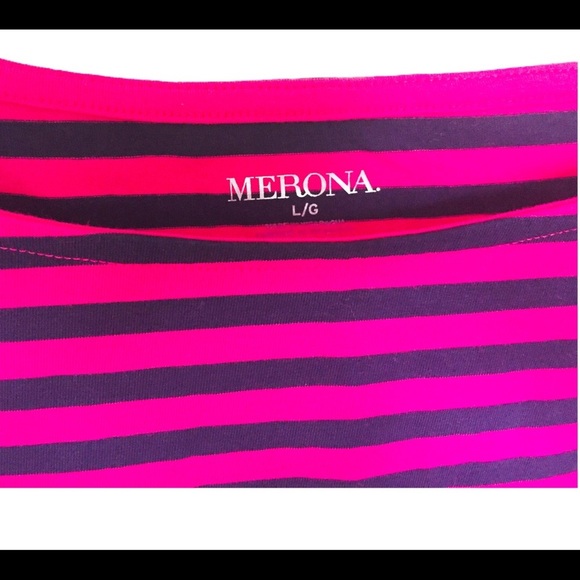MERONA Bardot/Boat Fit Stripe Sleeve Tee/Top W 3/4 Length Sleeves Hot Pink Large - Picture 4 of 6